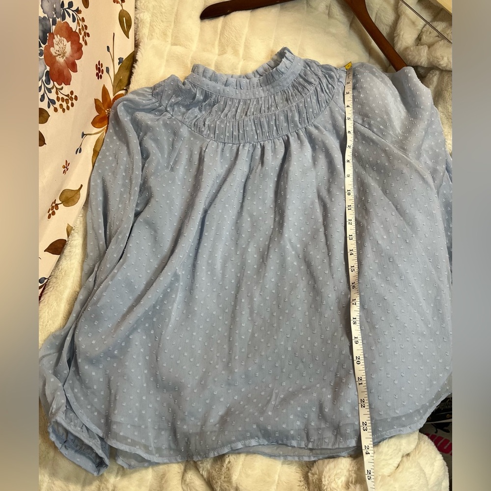 LOFT L Powder Light Blue Swiss Dot Sheer Sleeve Office Blouse Spring Summer City - Picture 10 of 12